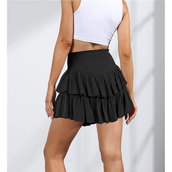 High Waist Ruffle Flowy Mini Skirts Stretchy Waist Solid Lined Layered Pleated - Picture 3 of 7